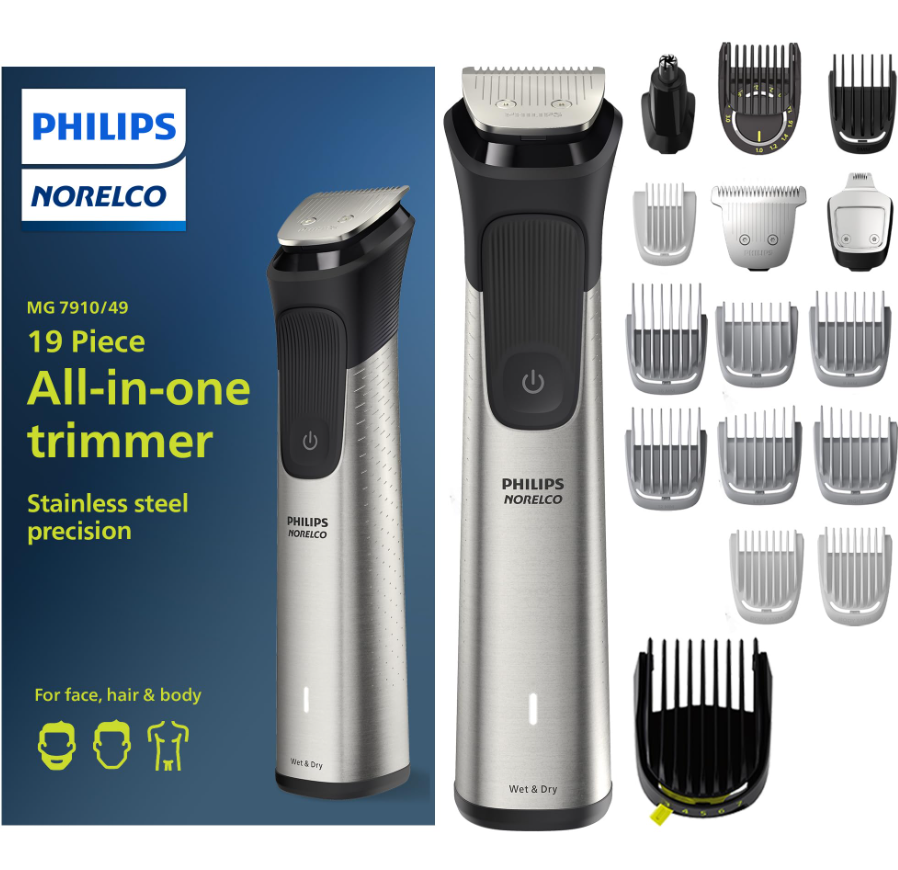 Philips Norelco vse-v-enem trimer, 19 dodatkov vključenih.